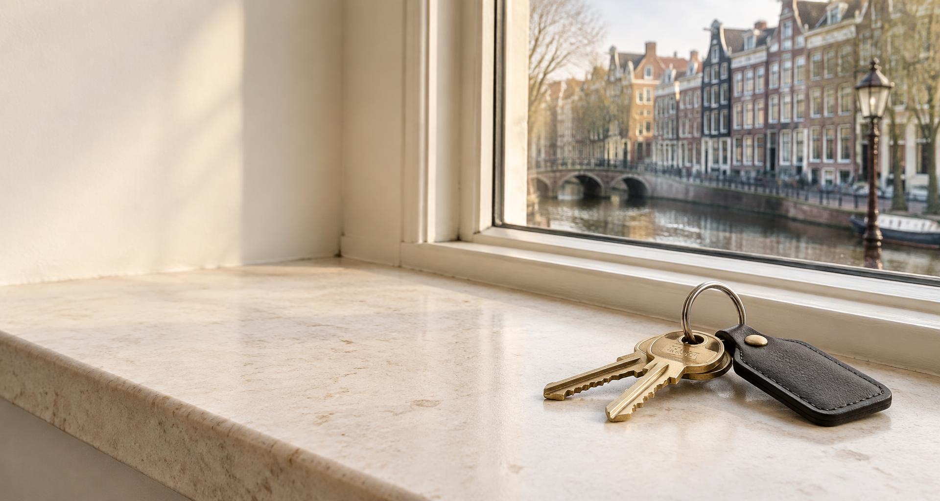 House keys on a windowsill overlooking an Amsterdam canal